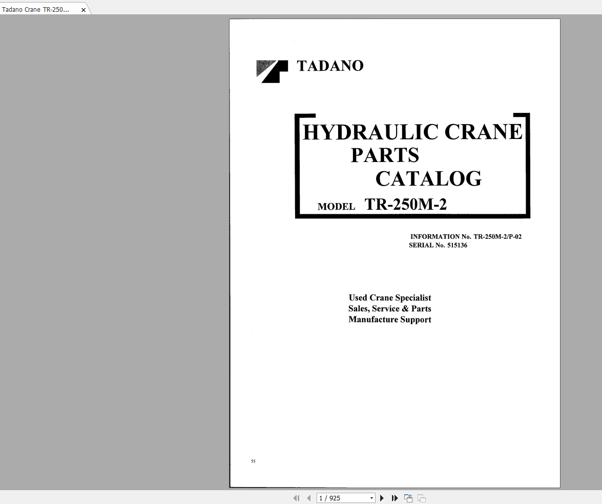 Tadano Crane TR 250M 2P 02 Parts Catalog515136 1ZXQ1J