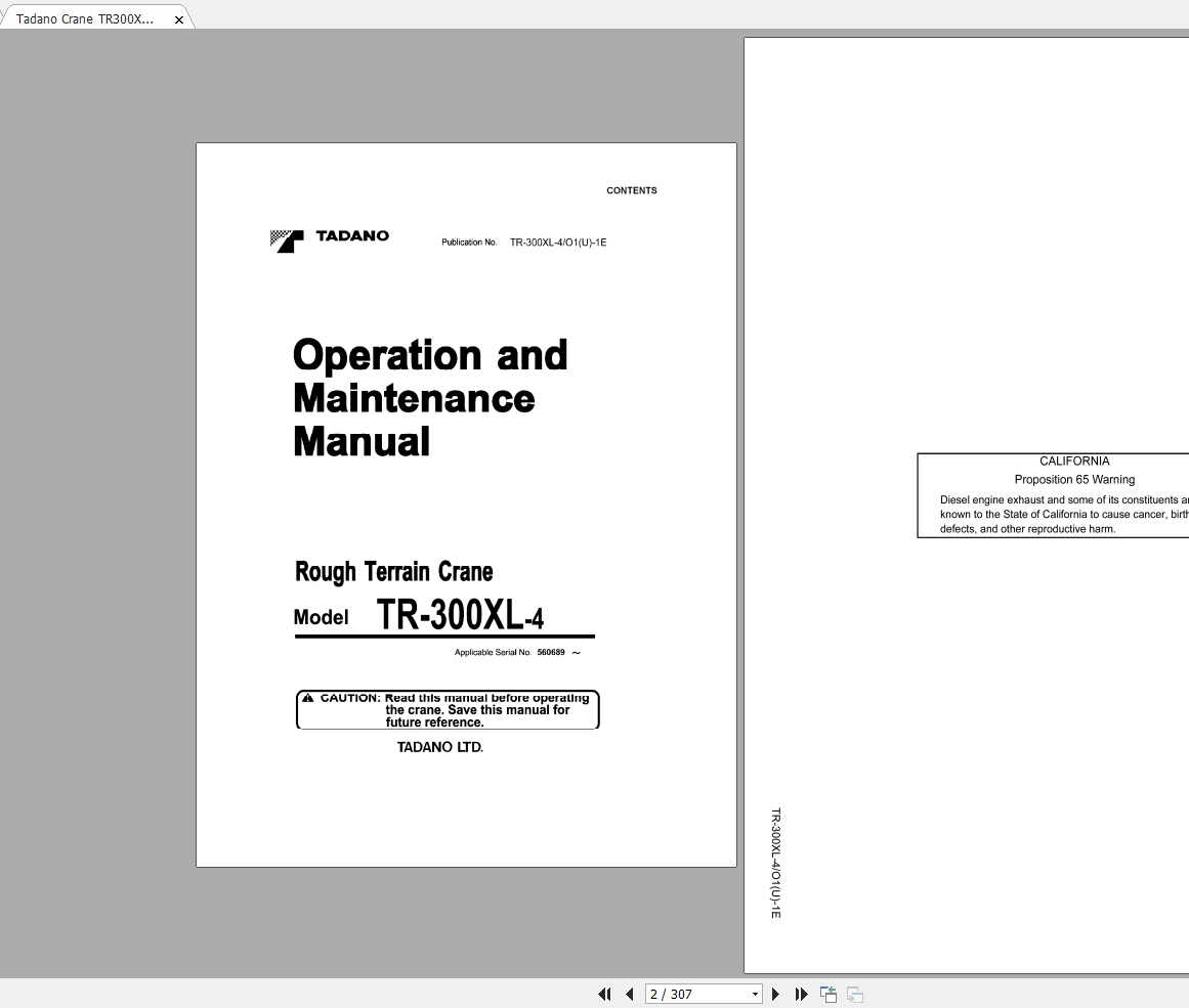 Tadano Crane TR 300XL 4 Operation Maintenance Manual 1