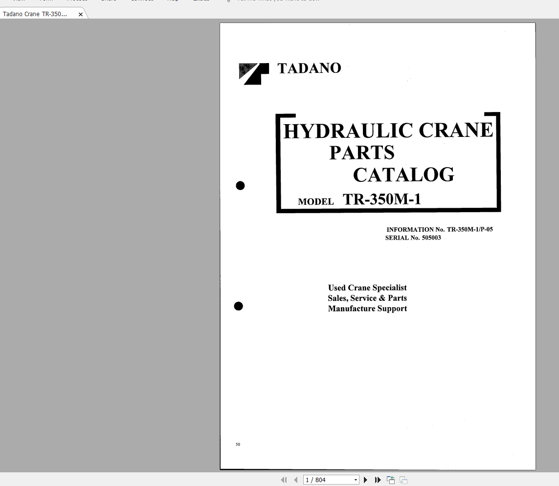 Tadano Crane TR 350M 1 Parts Catalog Diagrams 1