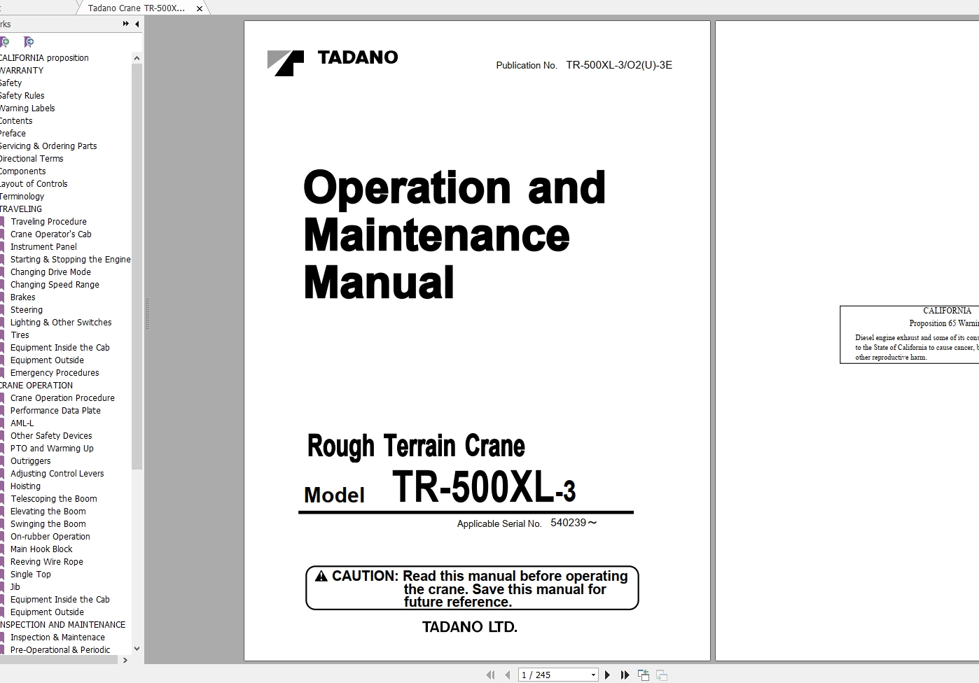 Tadano Crane TR 500XL 3O2U 3E Operation Maintenance Manual540239 1