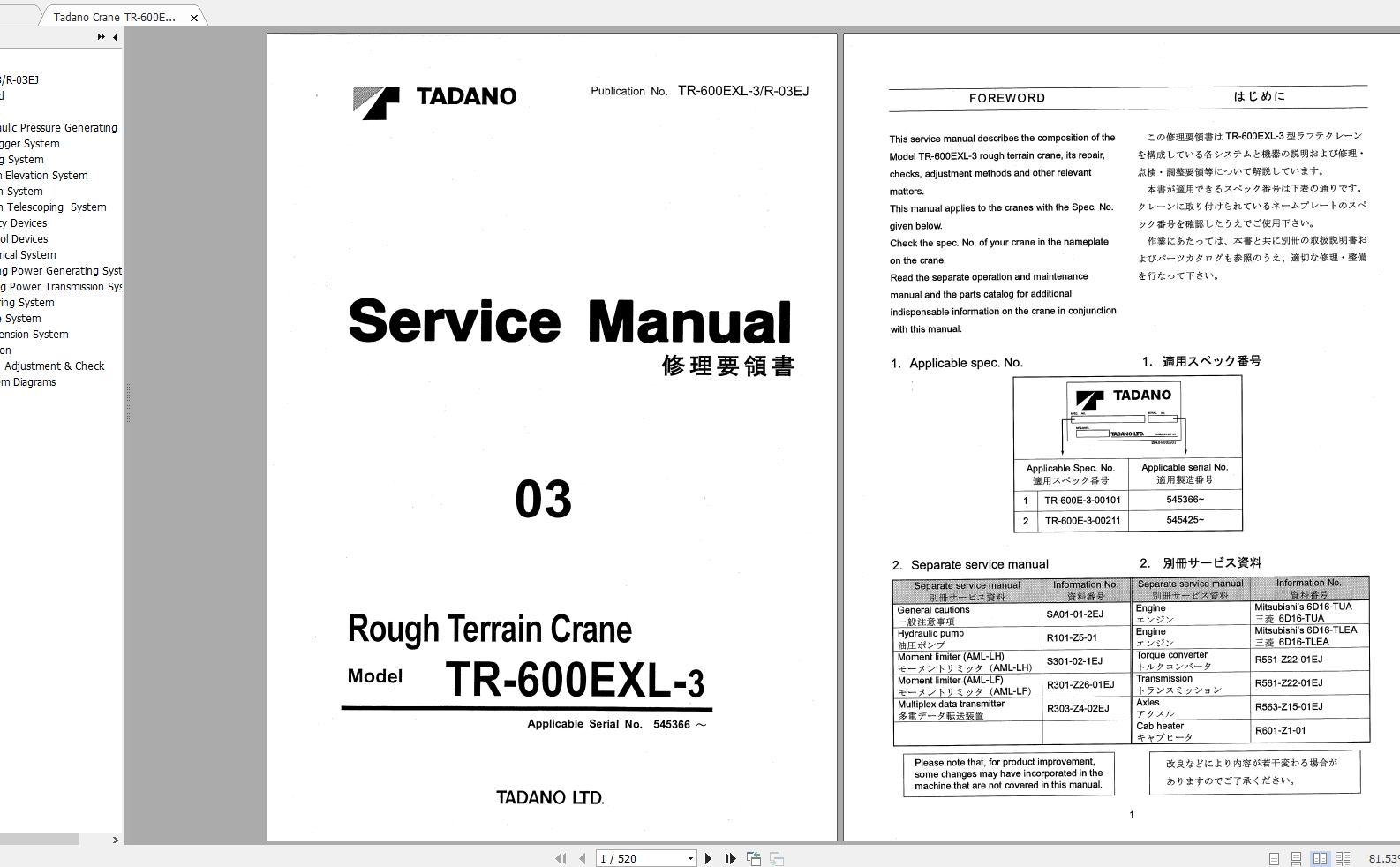 Tadano Crane TR 600EXL 3 Service Manuals545366 1