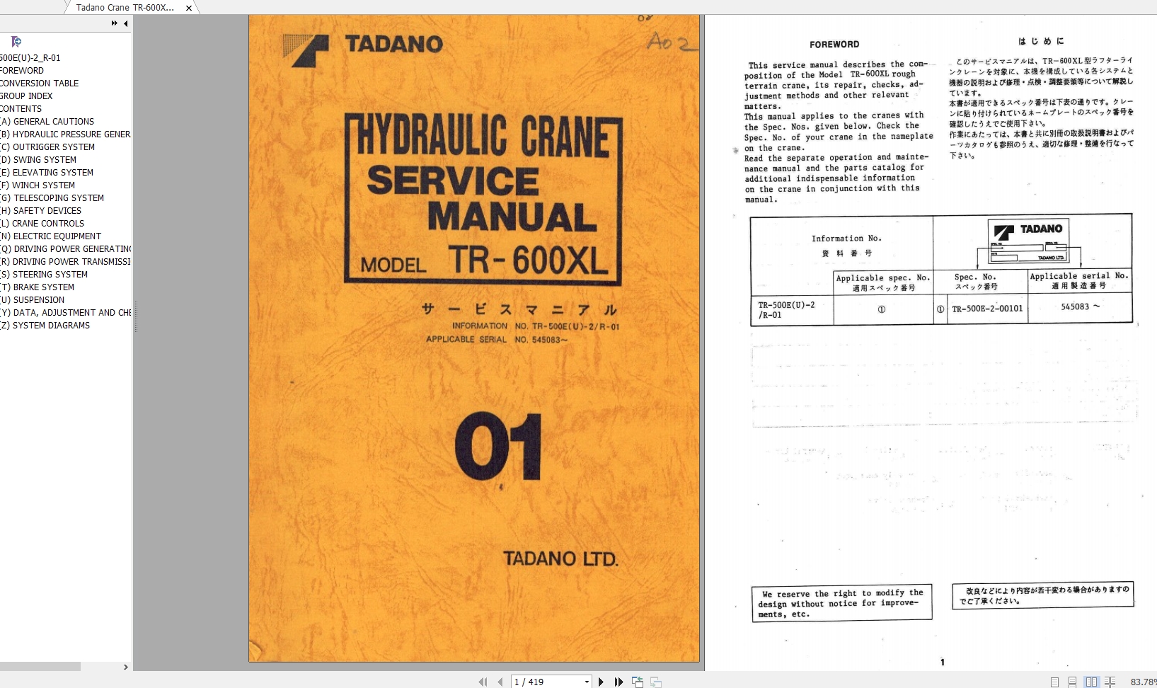 Tadano Crane TR 600XL Service Parts Manual 1