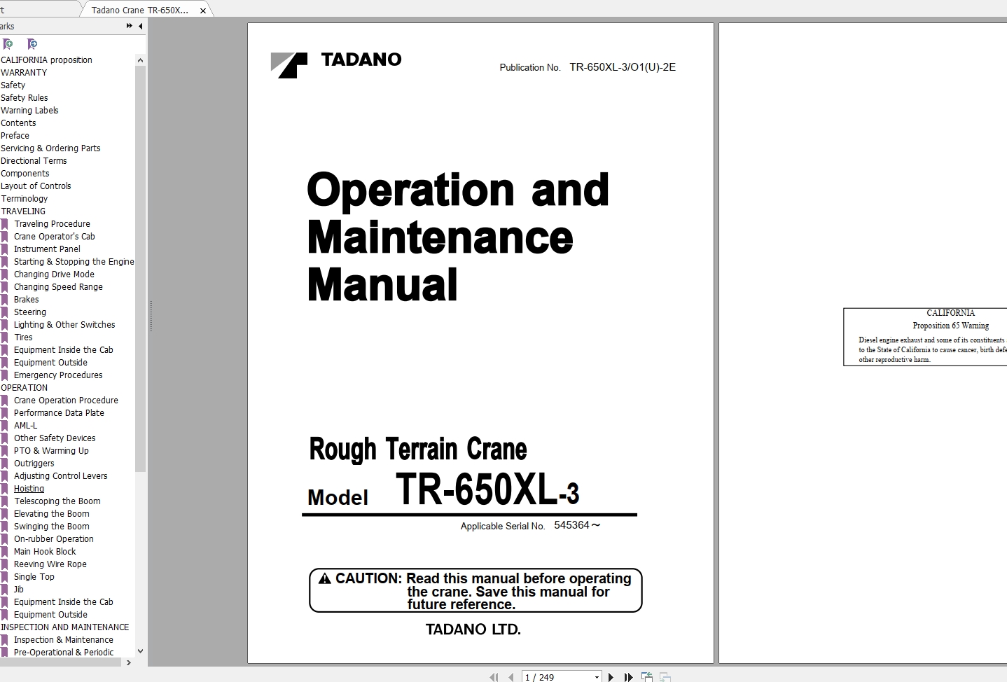 Tadano Crane TR 650XL 3O1U 2E Operation Maintenance Manual545364 1