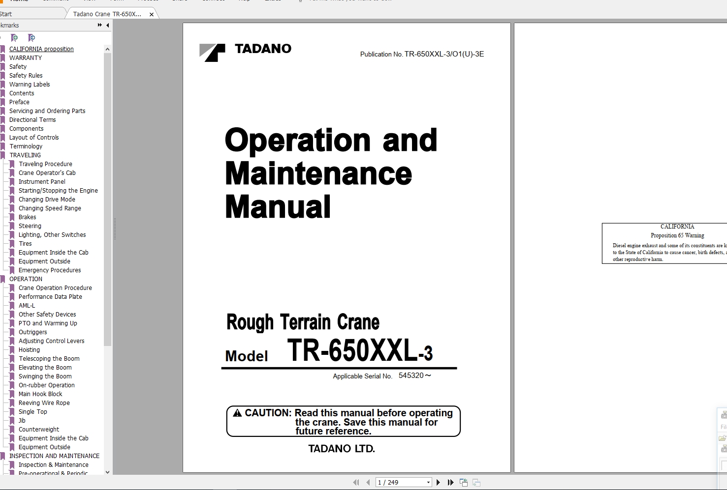 Tadano Crane TR 650XXL 3O1U 3E Operation Maintenance Manual545320 1