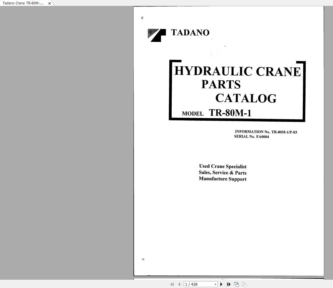 Tadano Crane TR 80M Parts Catalog Diagrams 1