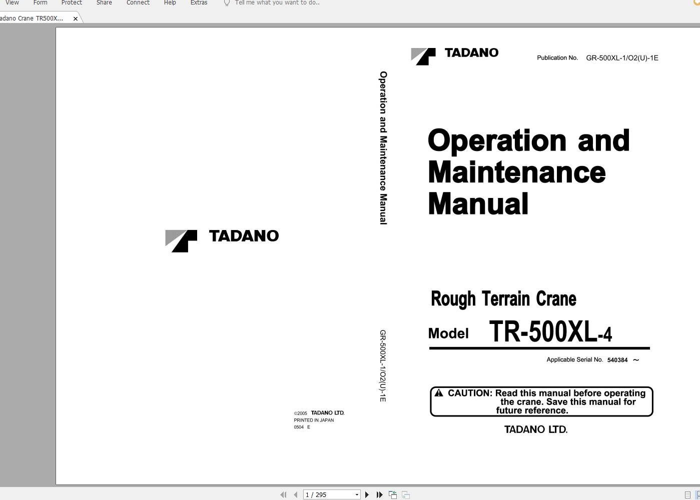 Tadano Crane TR500XL 4 540384 Operation and Maintenance ManualGR 500XL 1O2U 1E 1