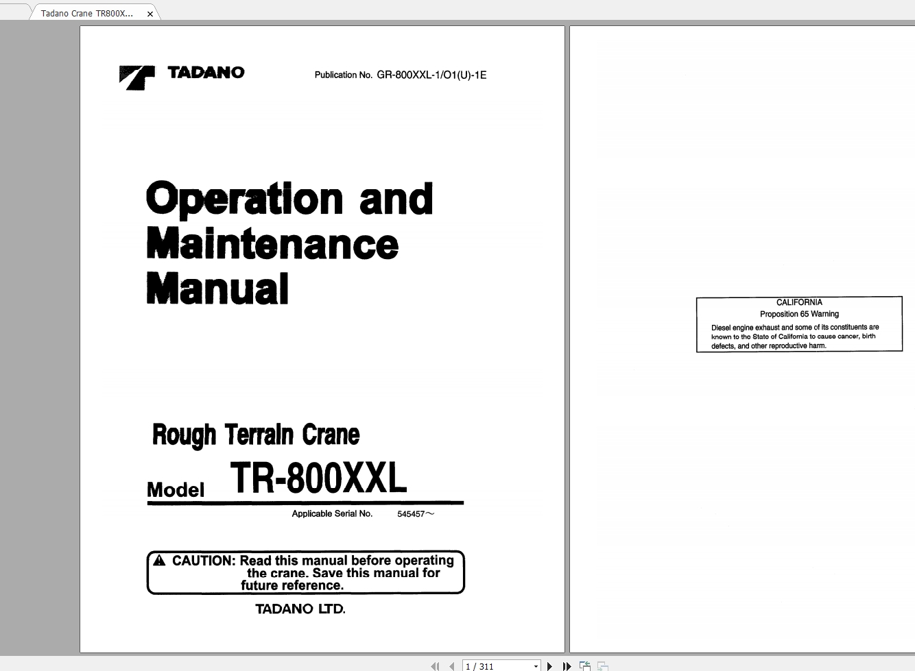 Tadano Crane TR800XXL 1O1U 1E Operation Maintenance Manual545457 1