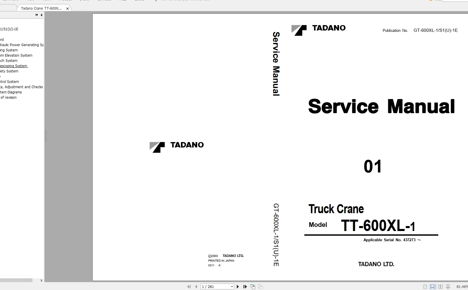 Tadano Crane TT 600XL 1 PubGT 600XL 1S1U 1E Service Manual437273 1