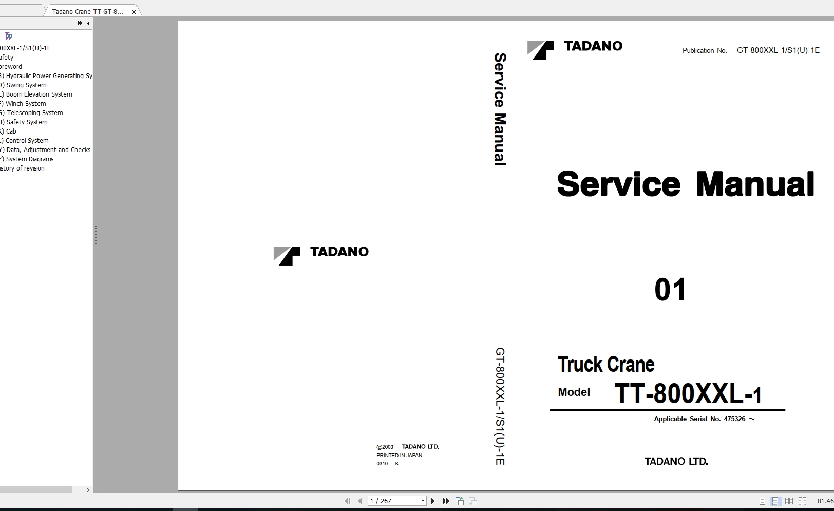 Tadano Crane TT GT 800XXL 1S1U 1E Service Manual475326 1