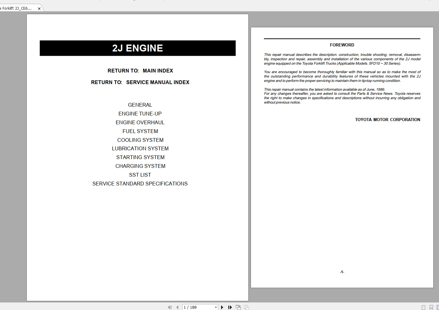 Toyota Forklift 2JCE603 Motors Repair Manual 1