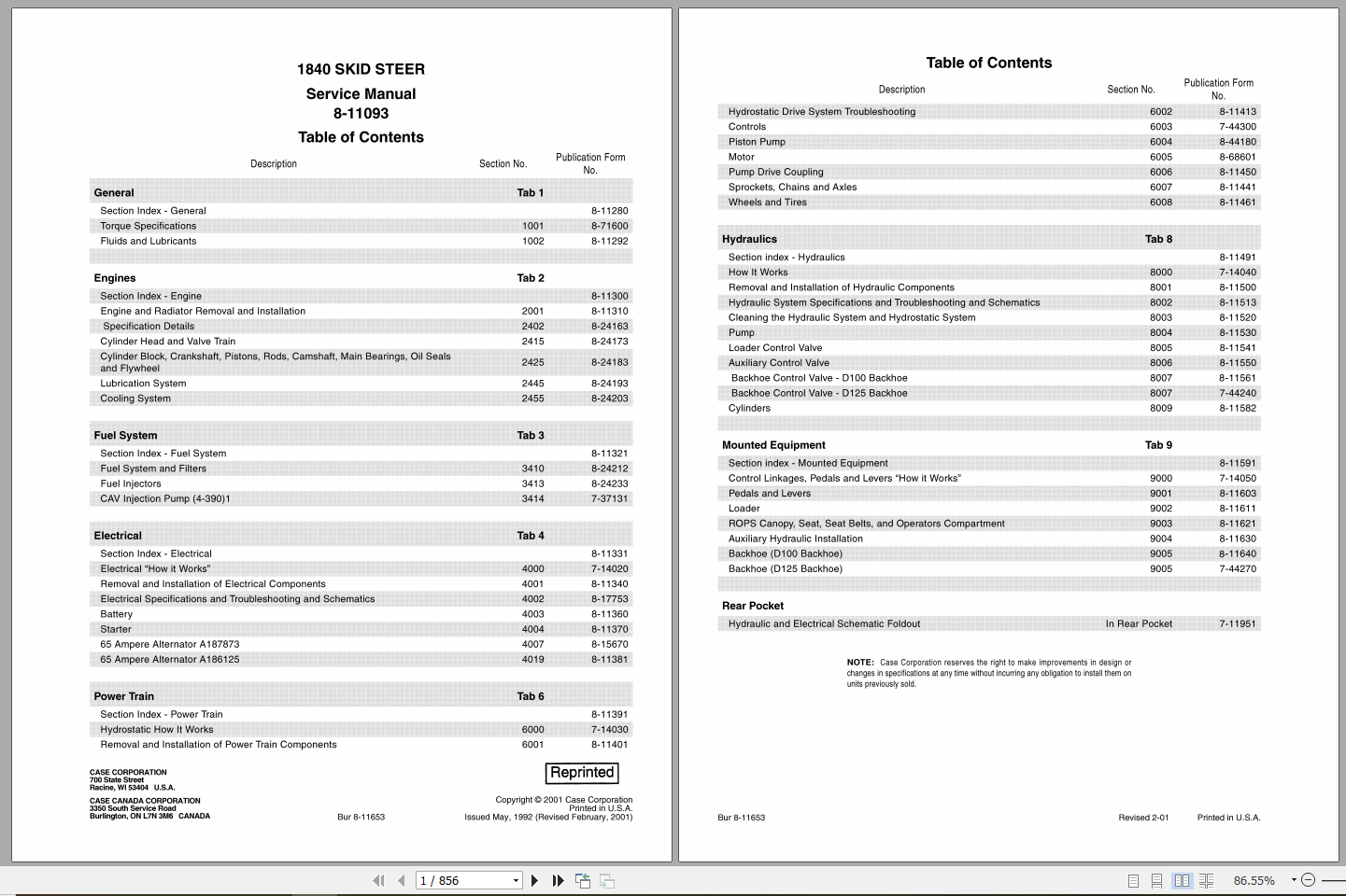 Case Skid Steer 1840 Service Manual8 11093R0 1