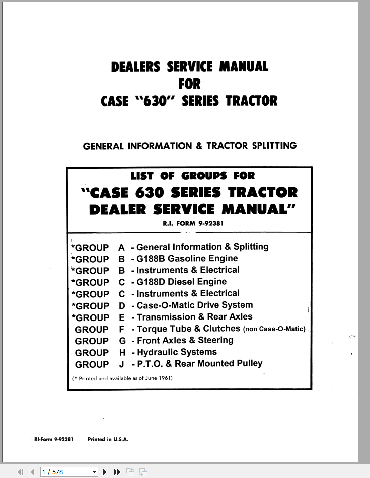 Case Tractor 630 Series Service Manual9 92381 1