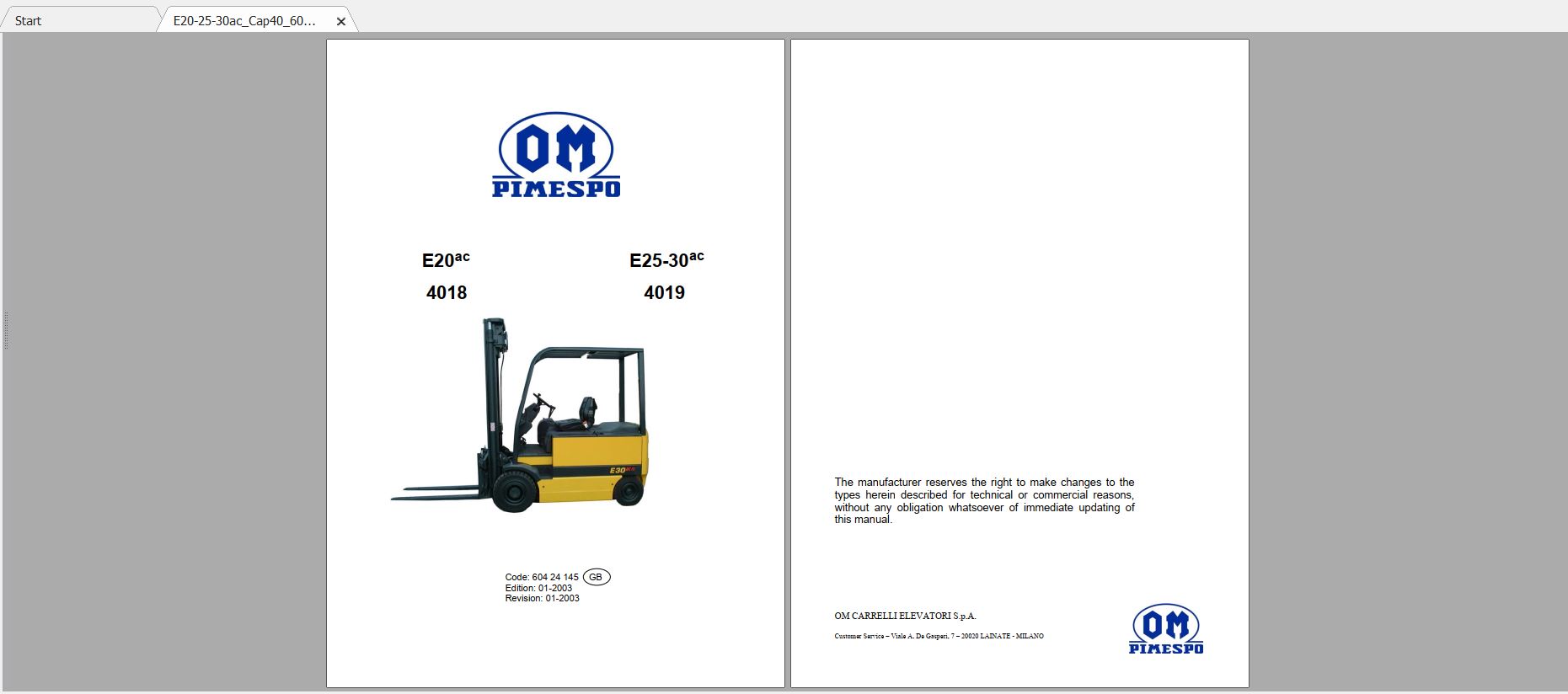 Pimespo Forklift E20ac4018 E2530ac4019e Service Manual60424145gb 1