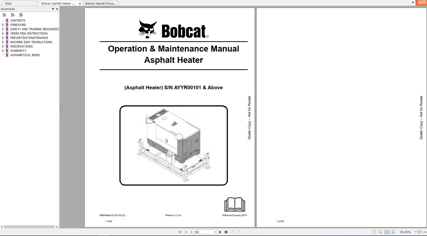 Bobcat Asphalt Heater Processor Operation Maintenance Manuals 1