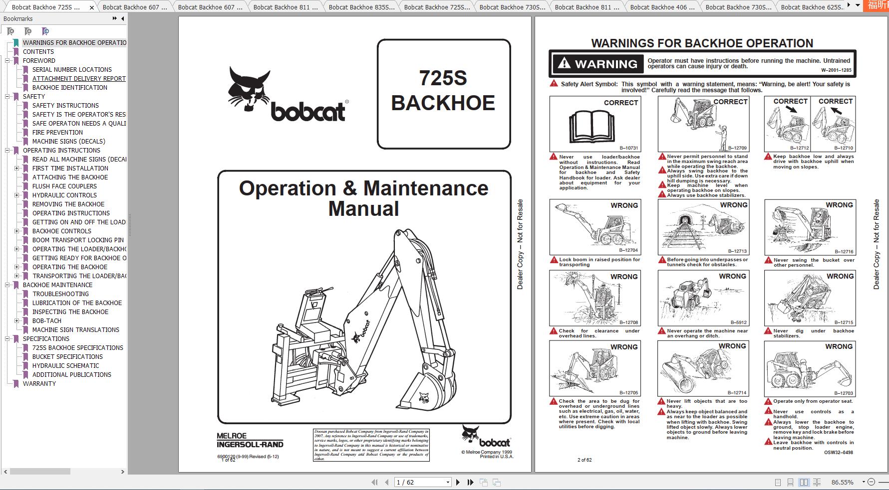 Bobcat Backhoe 406 835S Operation Maintenance Manuals 1