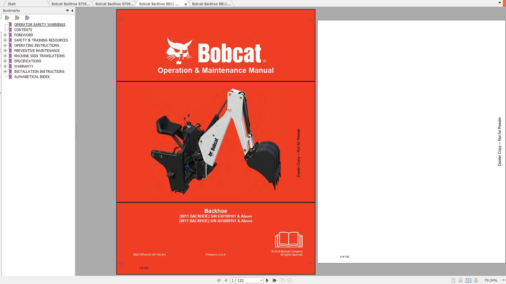 Bobcat Backhoe 87098811 Operation & Maintenance Manuals
