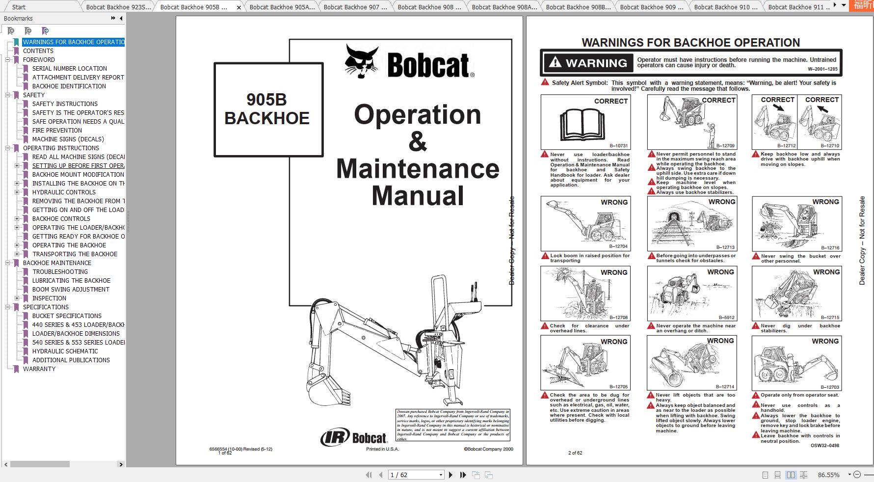 Bobcat Backhoe 905923 Operation & Maintenance Manuals