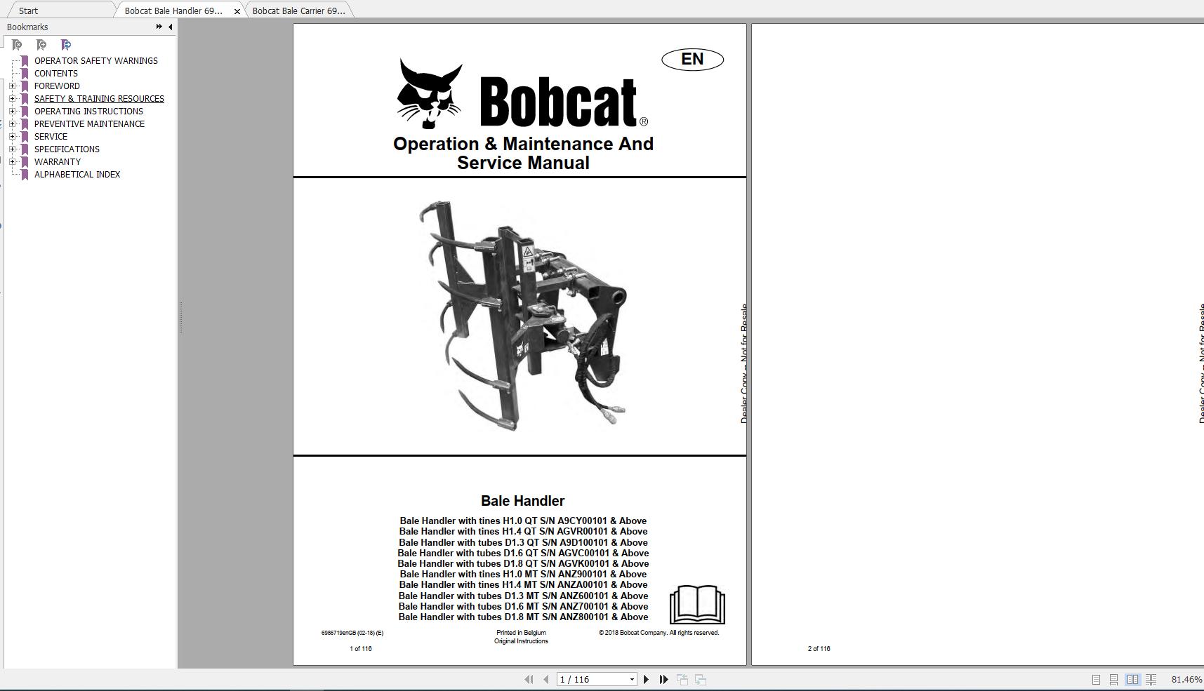 Bobcat Bale Carrier Bale Handler Operation Maintenance Manuals 1