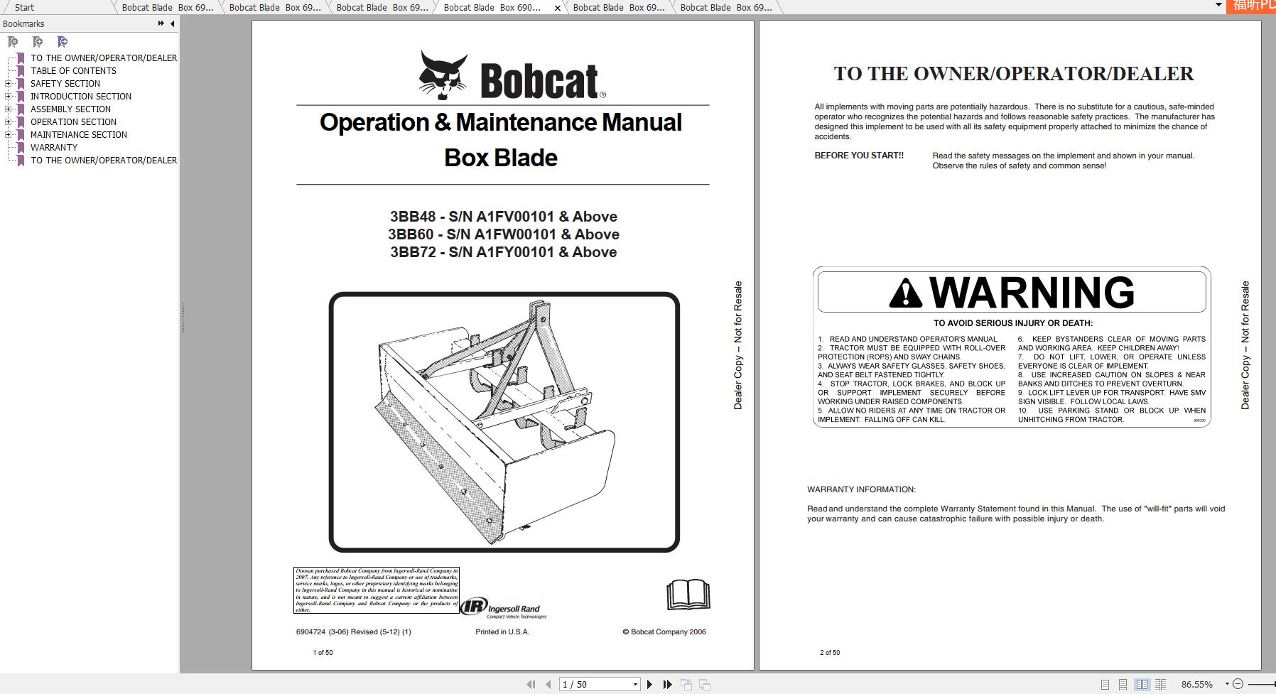 Bobcat Box Blade Operation Maintenance Manuals 1