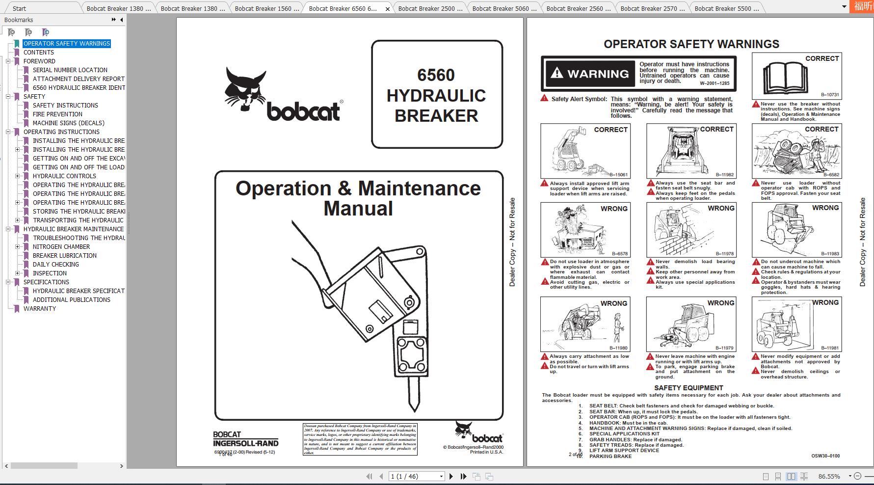 Bobcat Breaker 1250 6560 Operation Maintenance Manuals 1