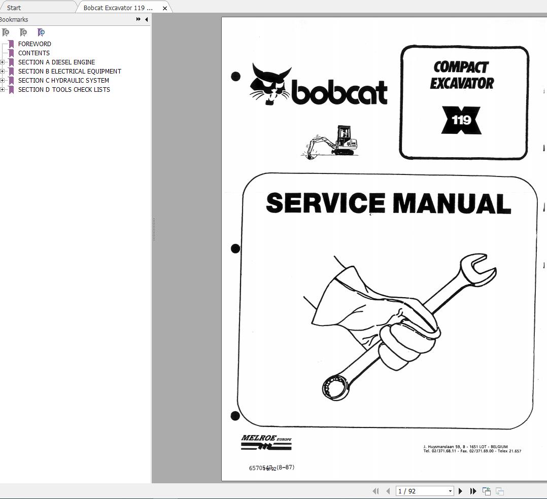Bobcat Compact Excavator 119 Service Manual6570547 1