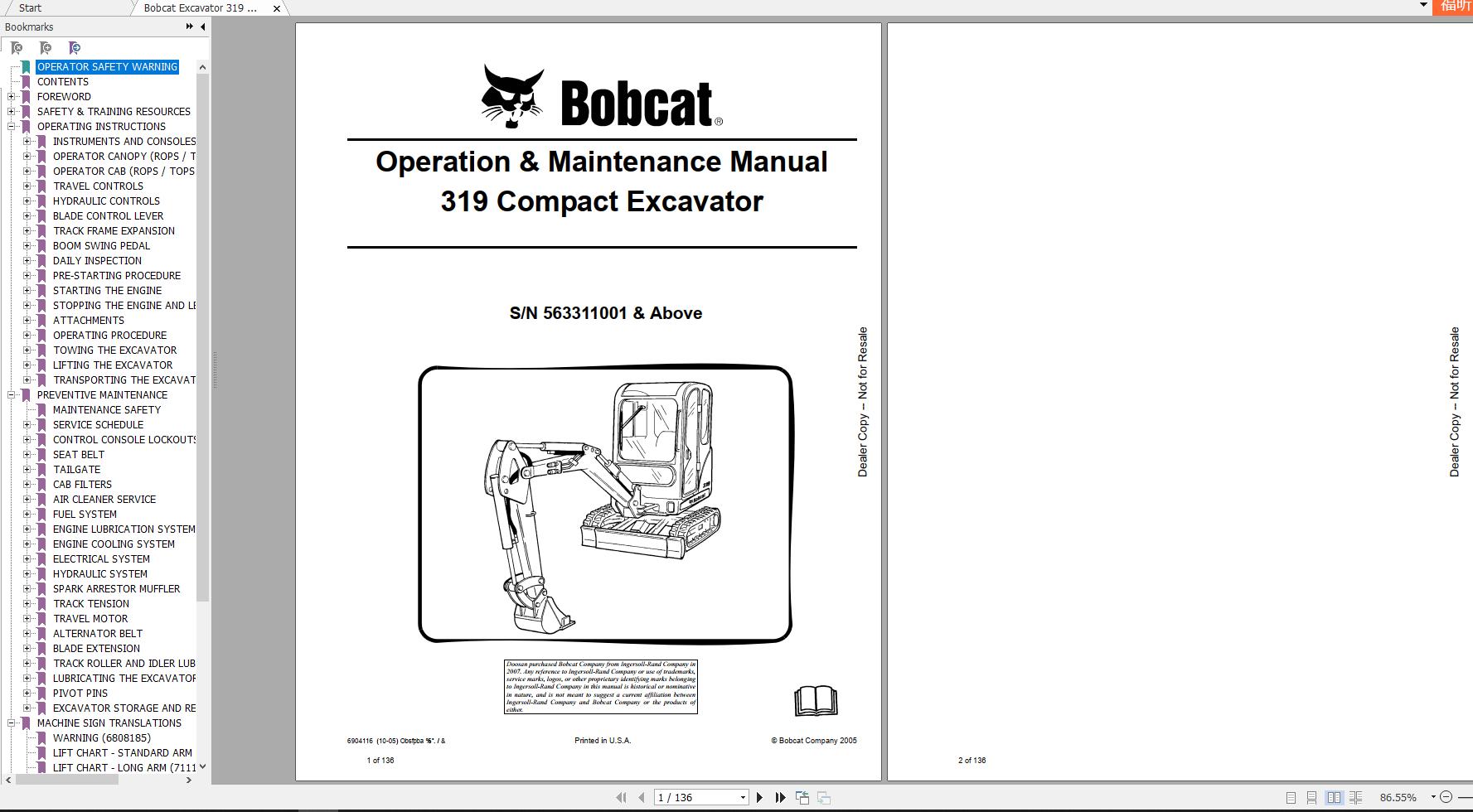 Bobcat Compact Excavator 319 Operation Maintenance Manual6904116 1