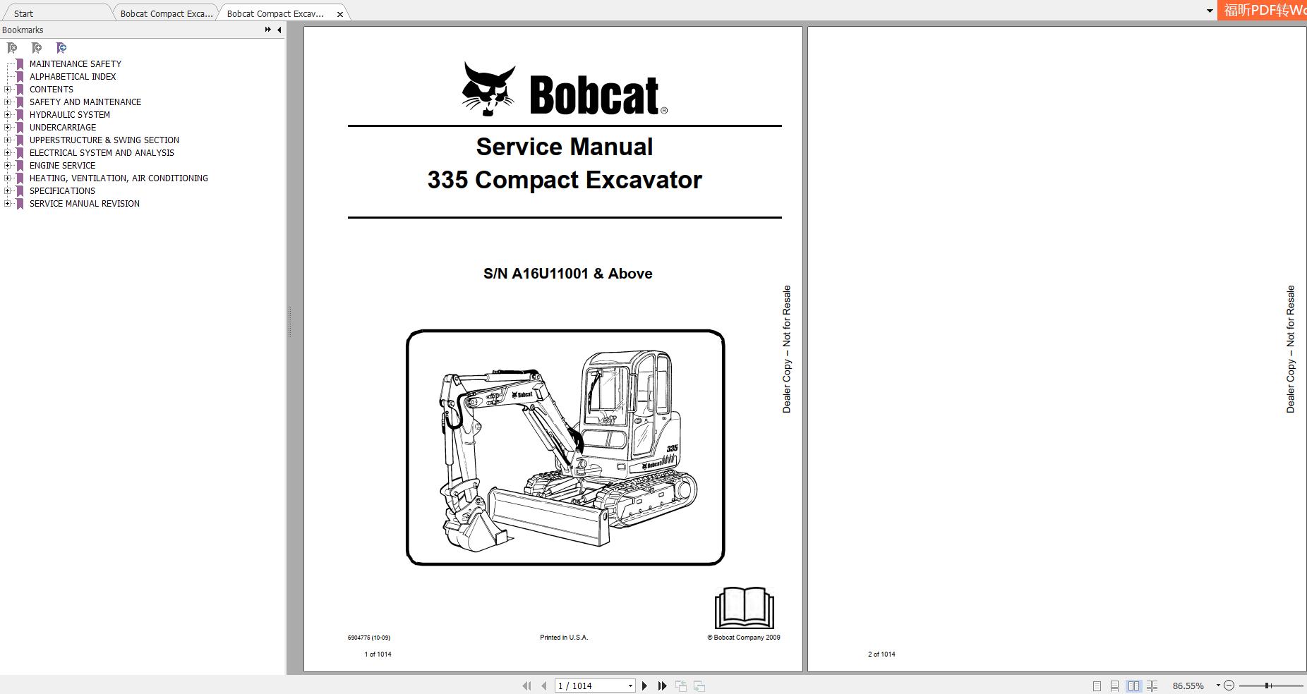 Bobcat Compact Excavator 335 Service Manuals
