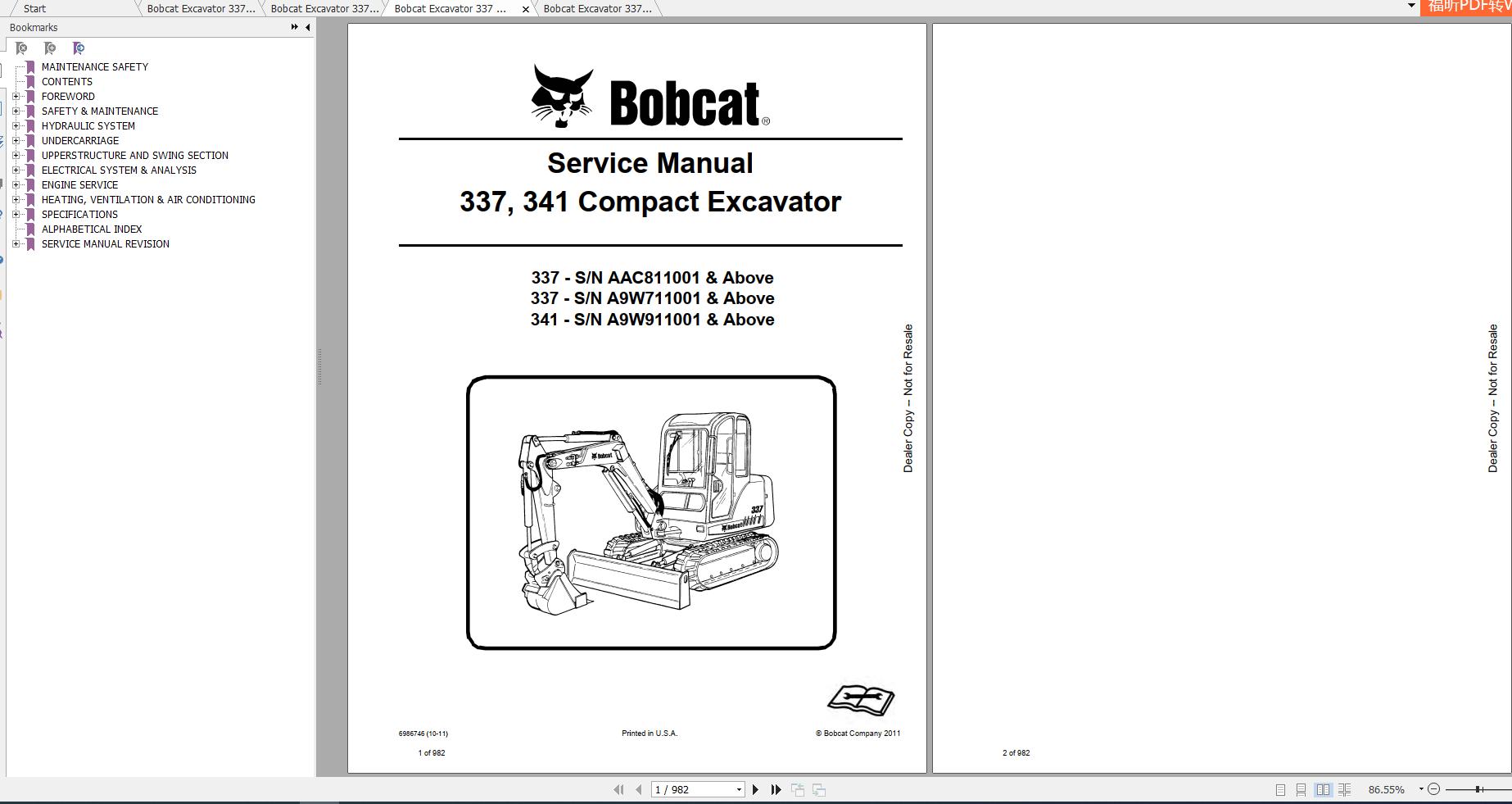 Bobcat Compact Excavator 337 341 Service Manuals 1