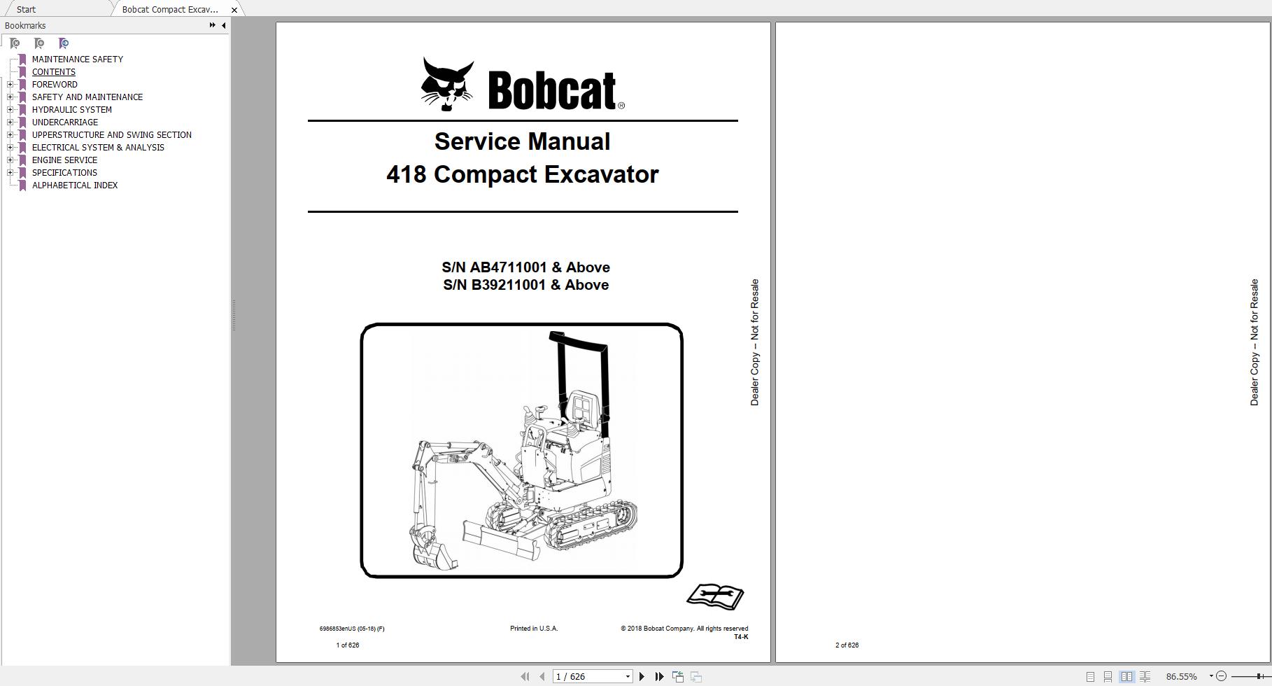 Bobcat Compact Excavator 418 Service Manual6986853 1