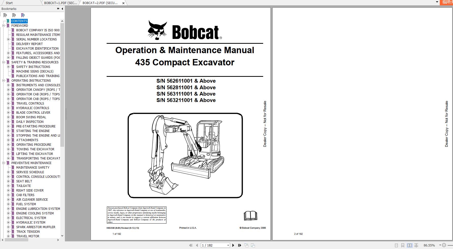 Bobcat Compact Excavator 435 Operation Maintenance Manuals 1