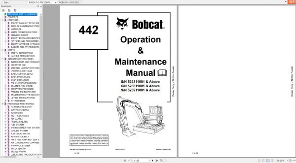 Bobcat Compact Excavator 442 Operation Maintenance Manuals 1