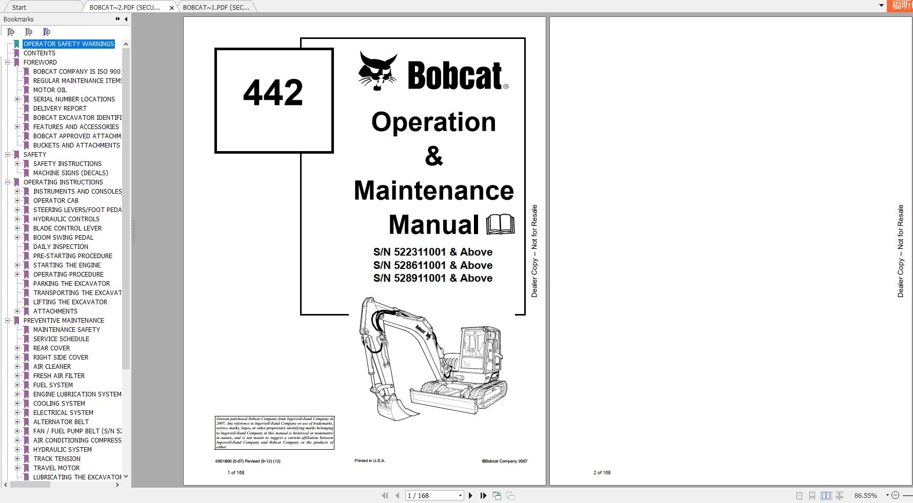 Bobcat Compact Excavator 442 Operation Maintenance Manuals 1