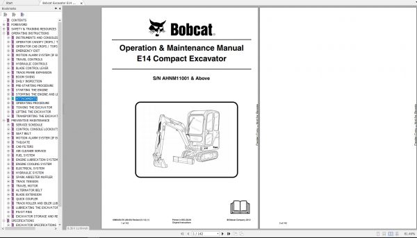 Bobcat Compact Excavator E14 Operation Maintenance Manual6989420 1