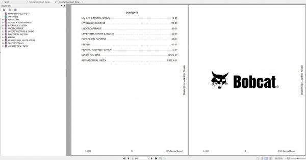 Bobcat Compact Excavator E17 E17z Service Manuals 2