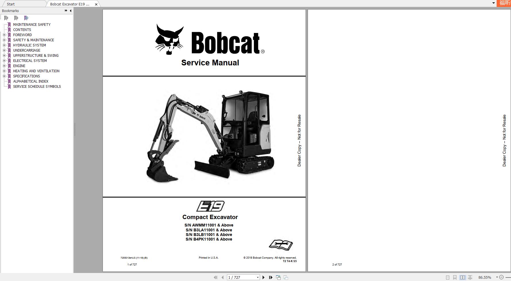 Bobcat Compact Excavator E19 Service Manual7255013 1