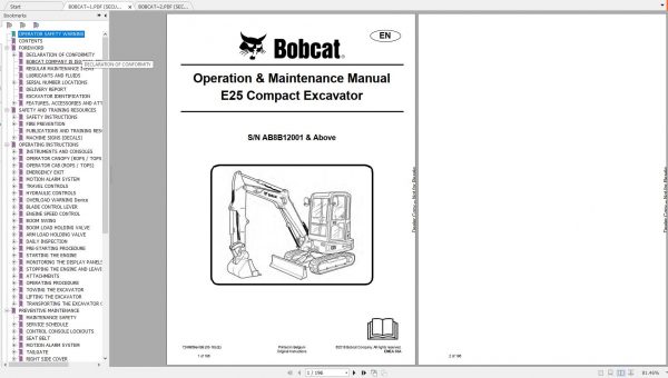 Bobcat Compact Excavator E25 Operation Maintenance Manuals 1