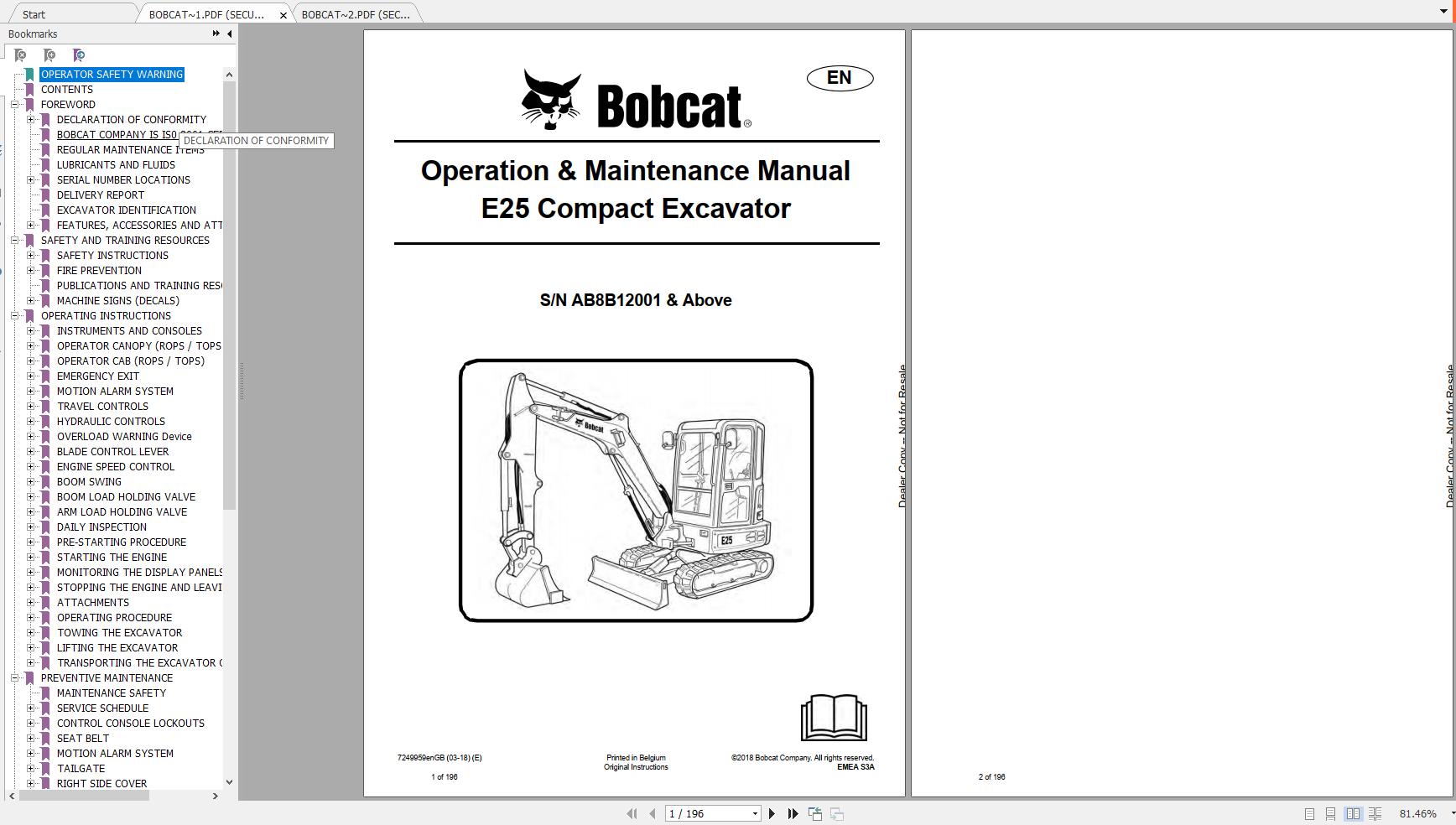 Bobcat Compact Excavator E25 Operation Maintenance Manuals 1