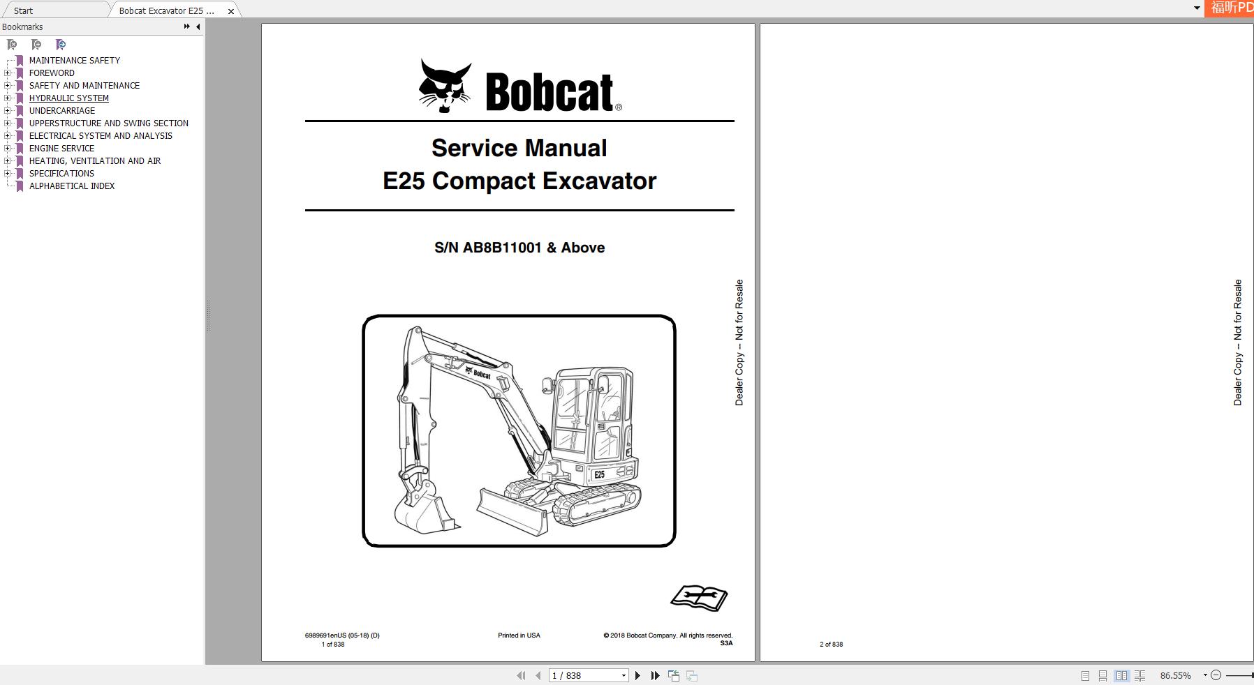 Bobcat Compact Excavator E25 Service Manual6989691 1