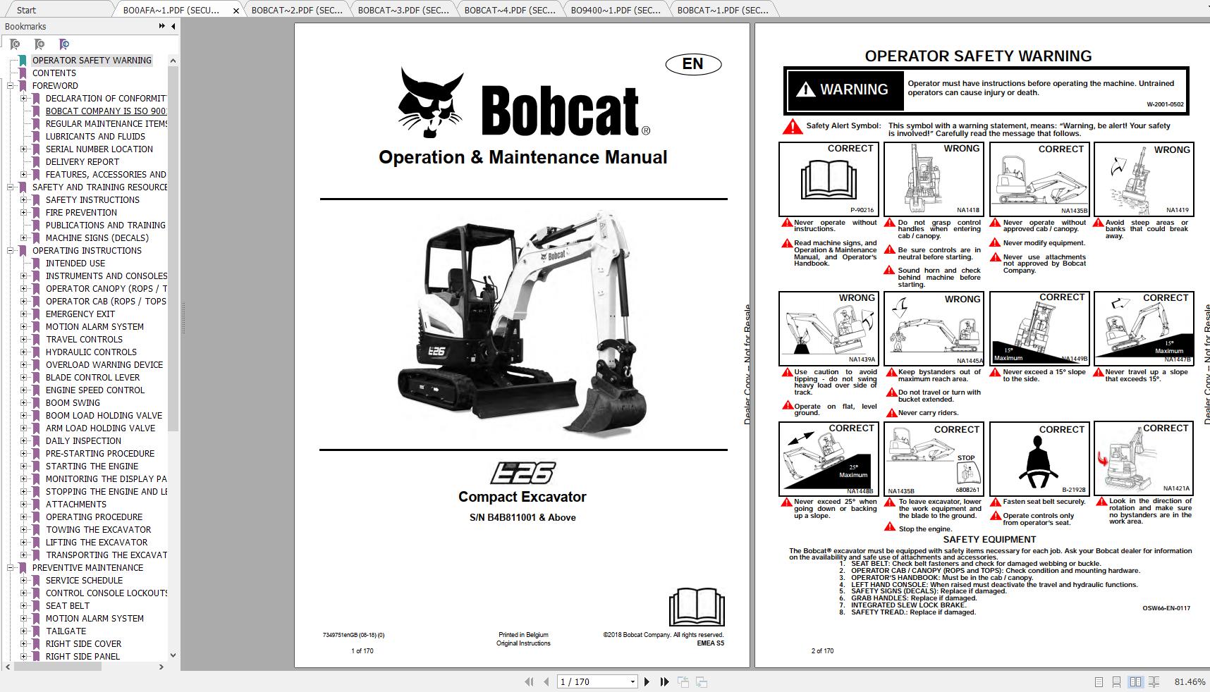 Bobcat Compact Excavator E26 Operation &amp; Maintenance Manuals