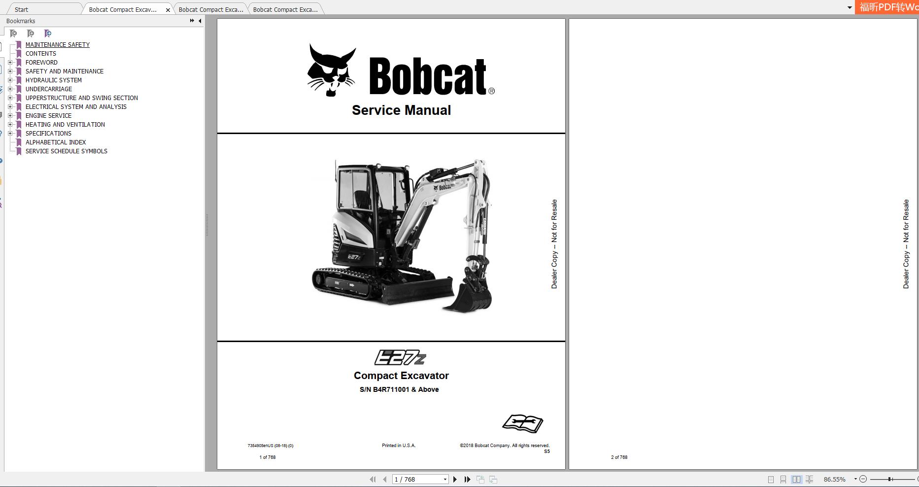 Bobcat Compact Excavator E27 E27z Service Manuals 1