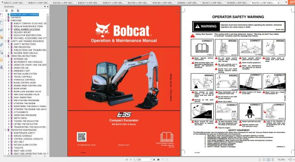 Bobcat Compact Excavator E35 Operation Maintenance Manuals 1