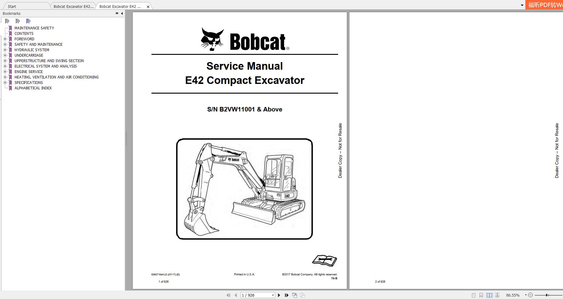 Bobcat Compact Excavator E42 Service Manuals 1