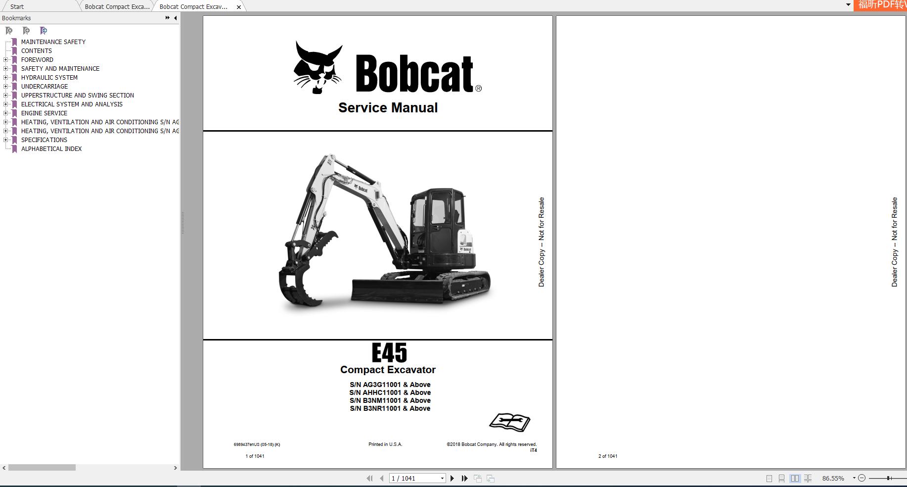 Bobcat Compact Excavator E45 Service Manuals 1