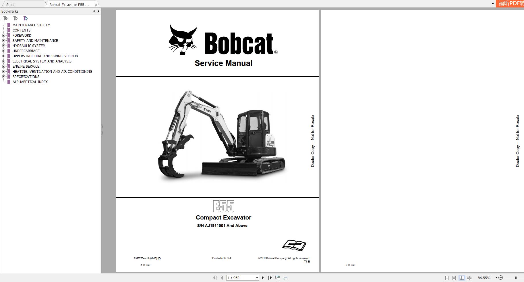 Bobcat Compact Excavator E55 Service Manual6990728 1