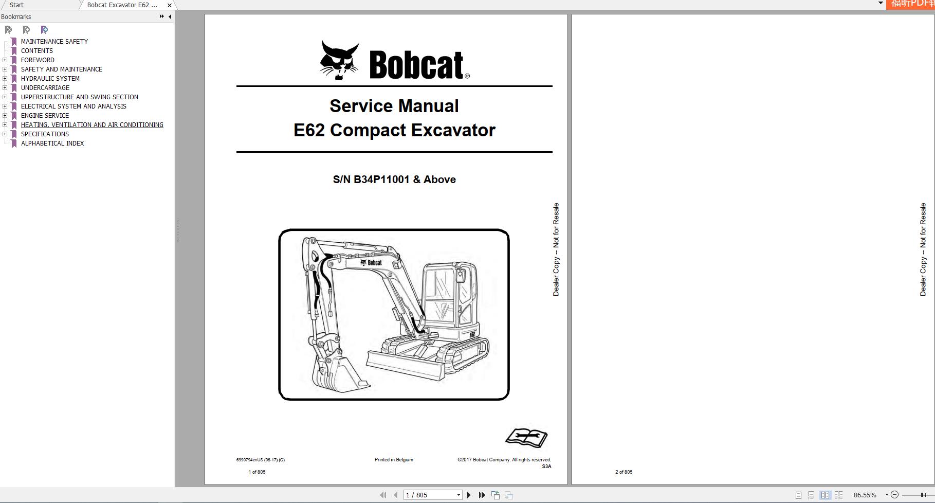 Bobcat Compact Excavator E62 Service Manual6990794 1