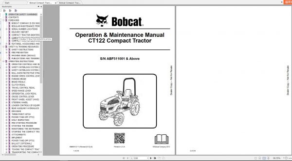 Bobcat Compact Tractor CT122 Operation Maintenance Manuals 1