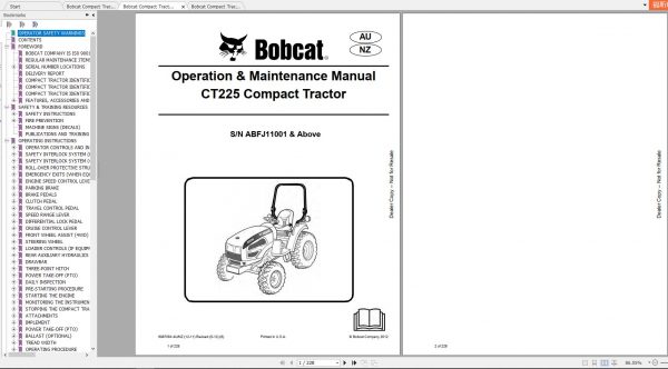 Bobcat Compact Tractor CT225 Operation Maintenance Manuals 1