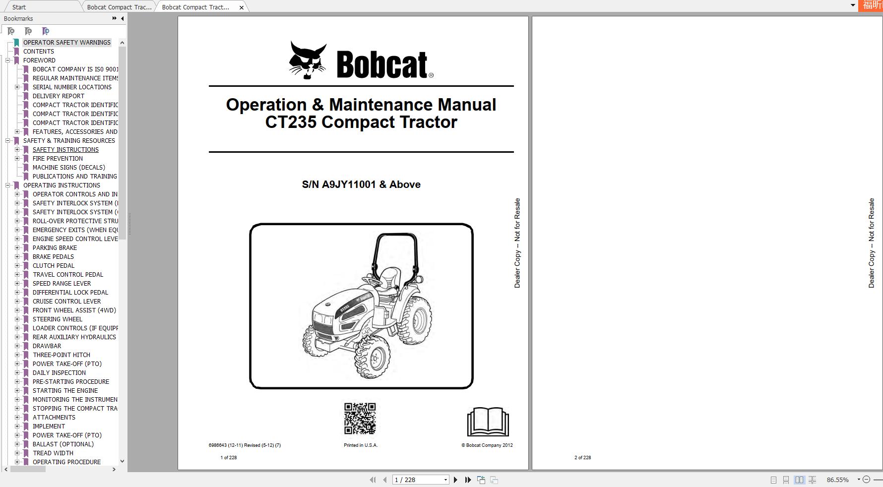 Bobcat Compact Tractor CT235 Operation Maintenance Manuals 1