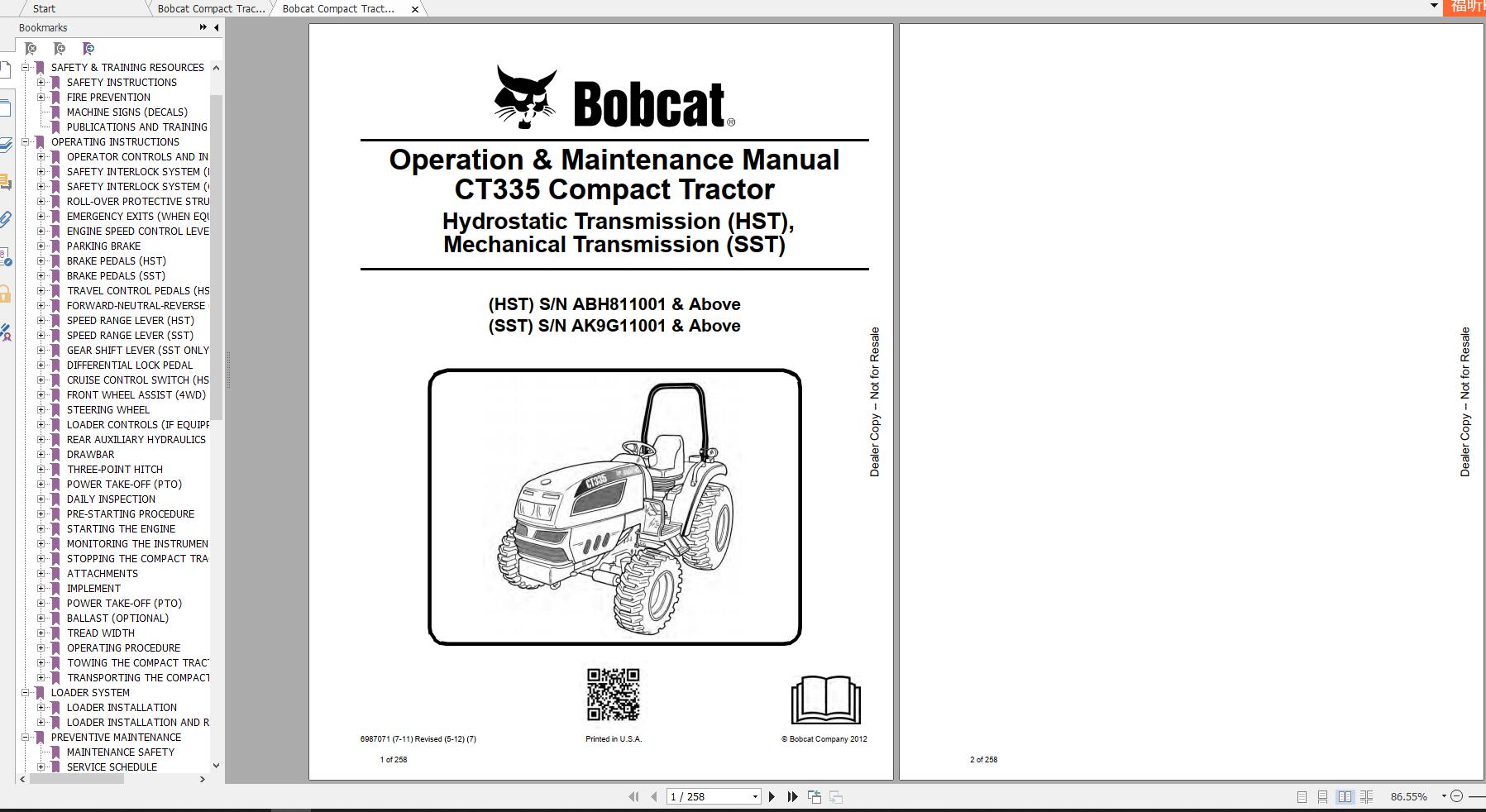 Bobcat Compact Tractor CT335 Operation Maintenance Manuals 1