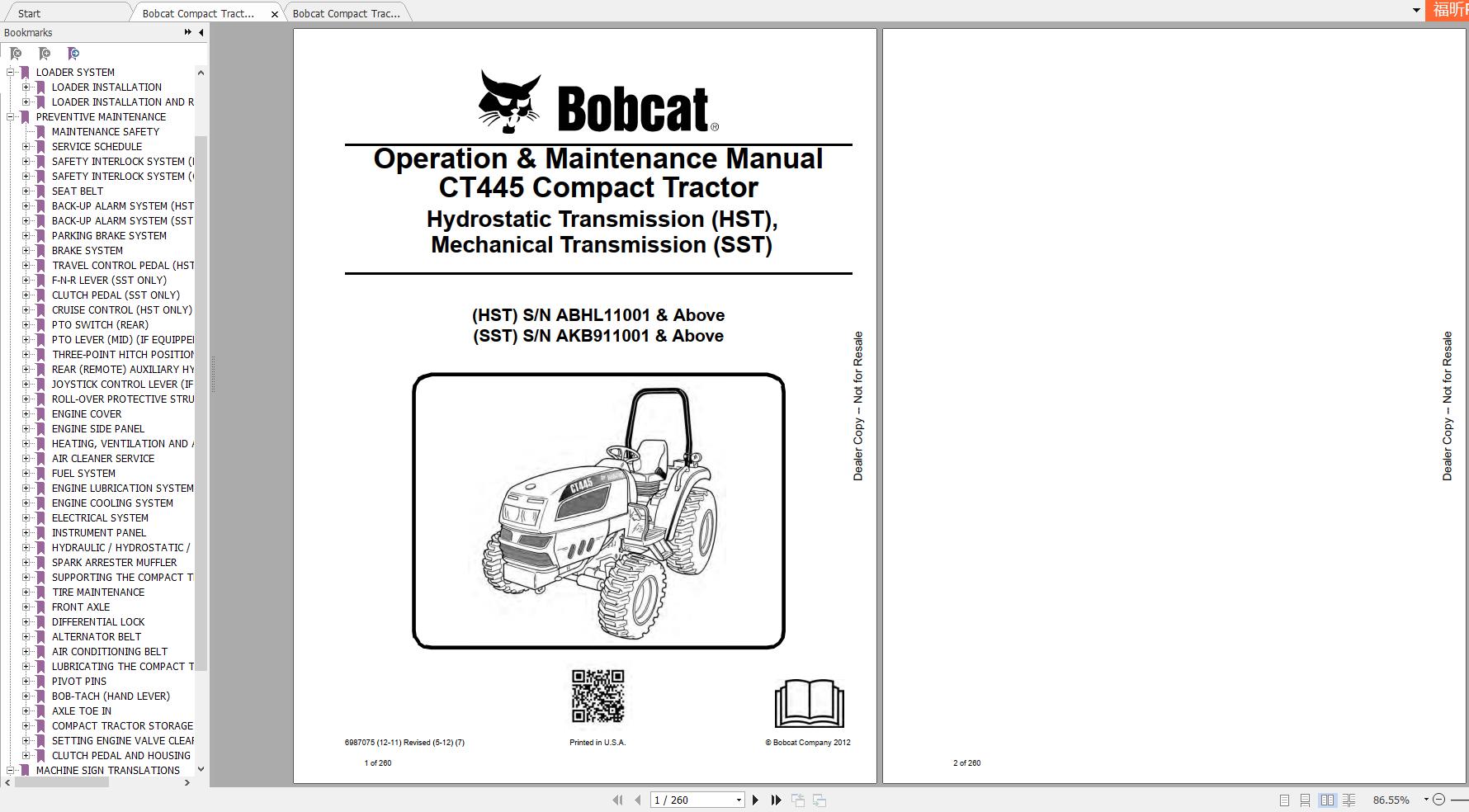 Bobcat Compact Tractor CT445 Operation Maintenance Manuals 1